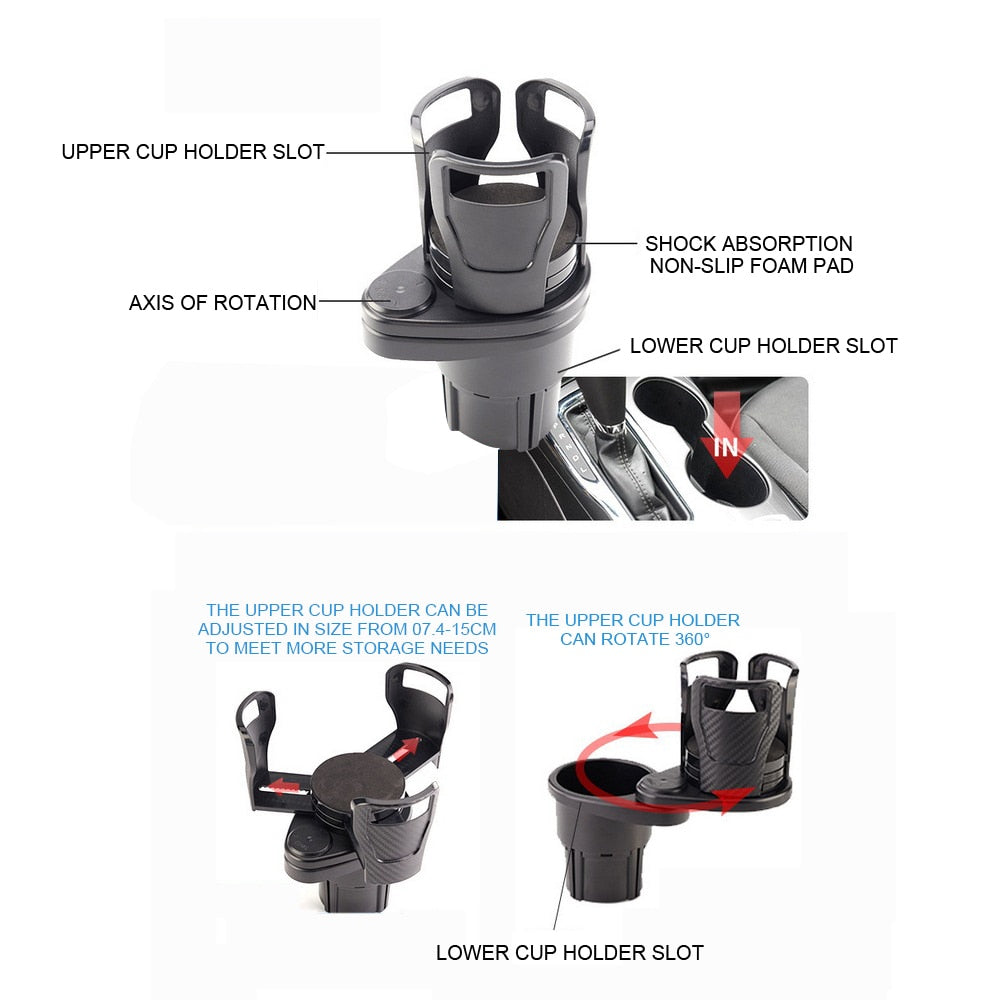 2 en 1 support de verre antidérapant monté sur véhicule support de verre de voiture à eau rotative à 360 degrés accessoire automatique double Houder multifonctionnel