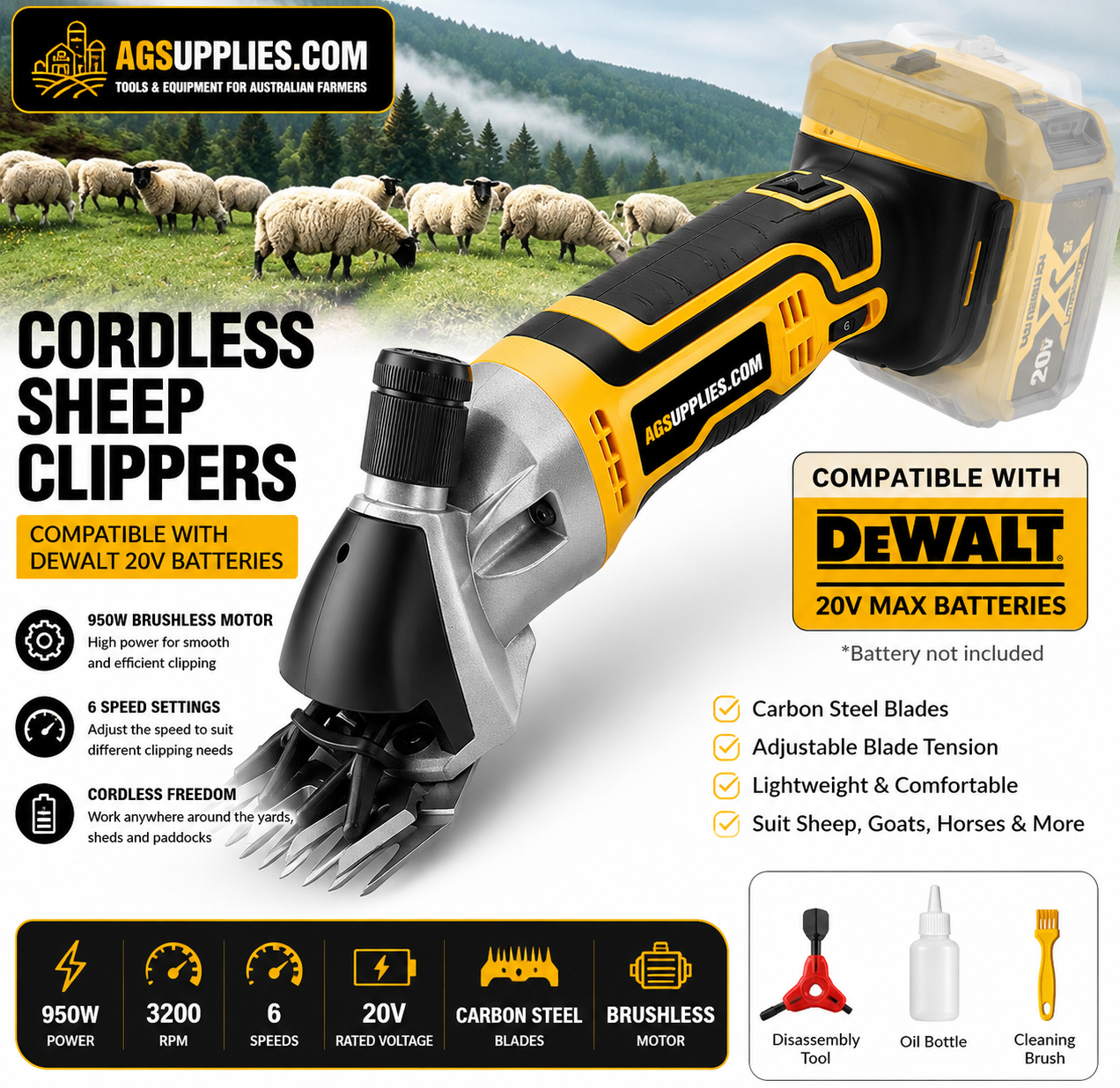 Tijeras de lana eléctricas de 6 velocidades para mascotas, inalámbricas, de primera calidad, perfectas para esquilar cabras, caballos y ovejas, compatibles con batería Dewalt