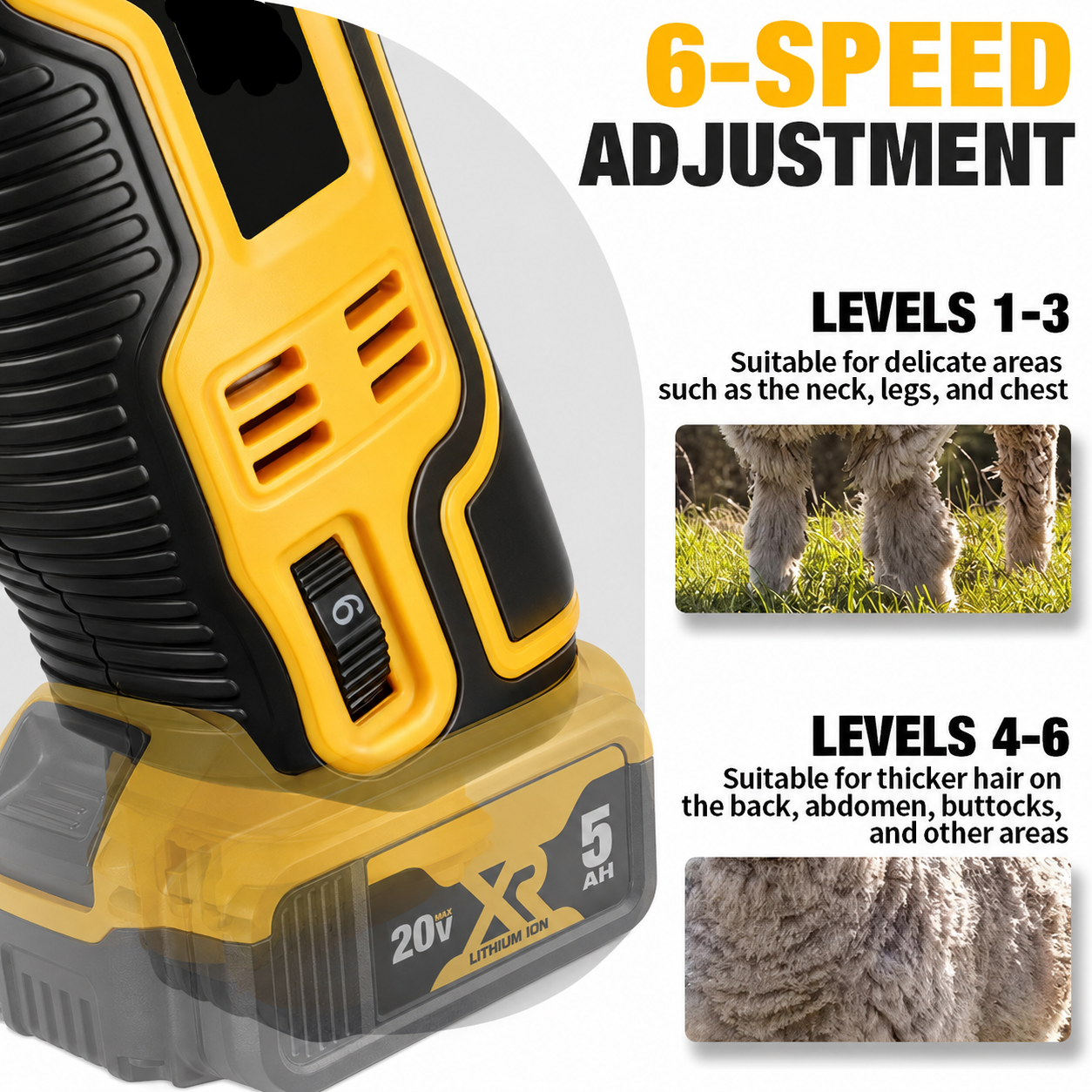 Tijeras de lana eléctricas de 6 velocidades para mascotas, inalámbricas, de primera calidad, perfectas para esquilar cabras, caballos y ovejas, compatibles con batería Dewalt