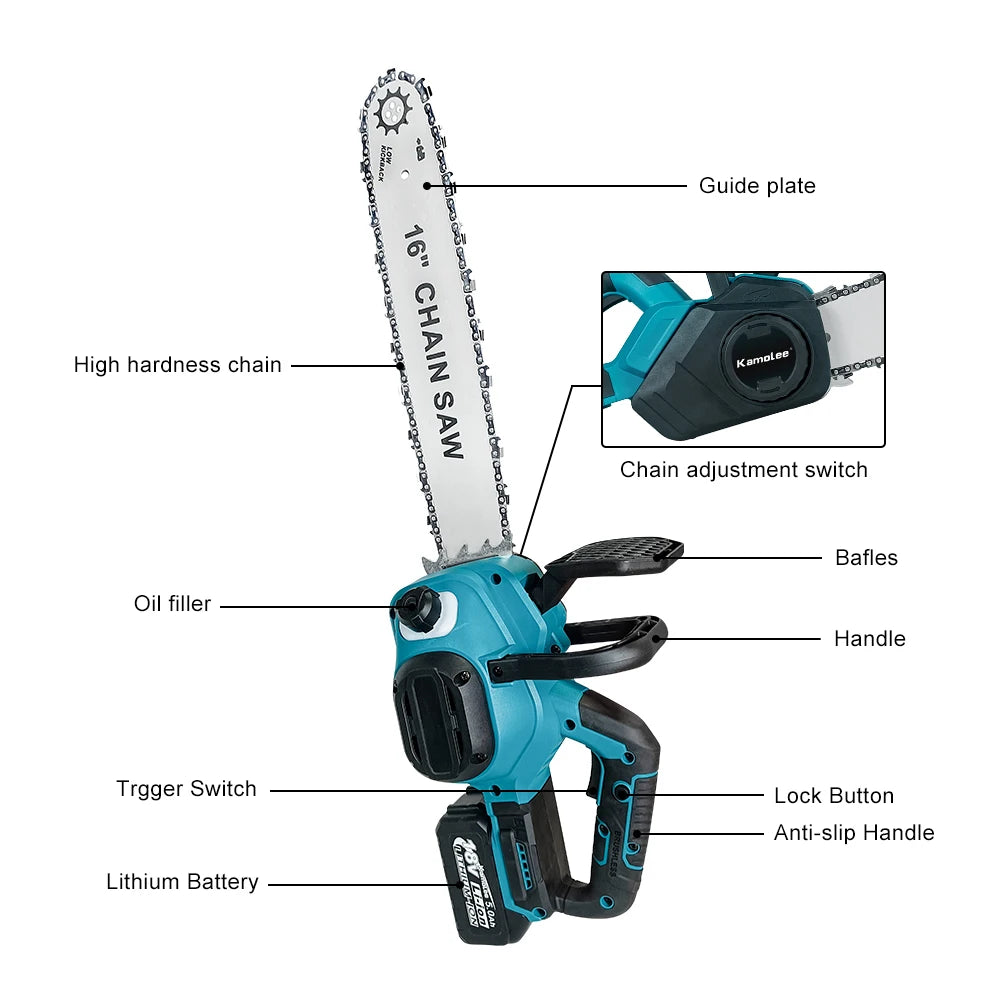 Kamolee 16Inch 8000w Brushless Electric Chainsaw Automatic Oiling Woodworking Power Tool For Makita 18v Battery